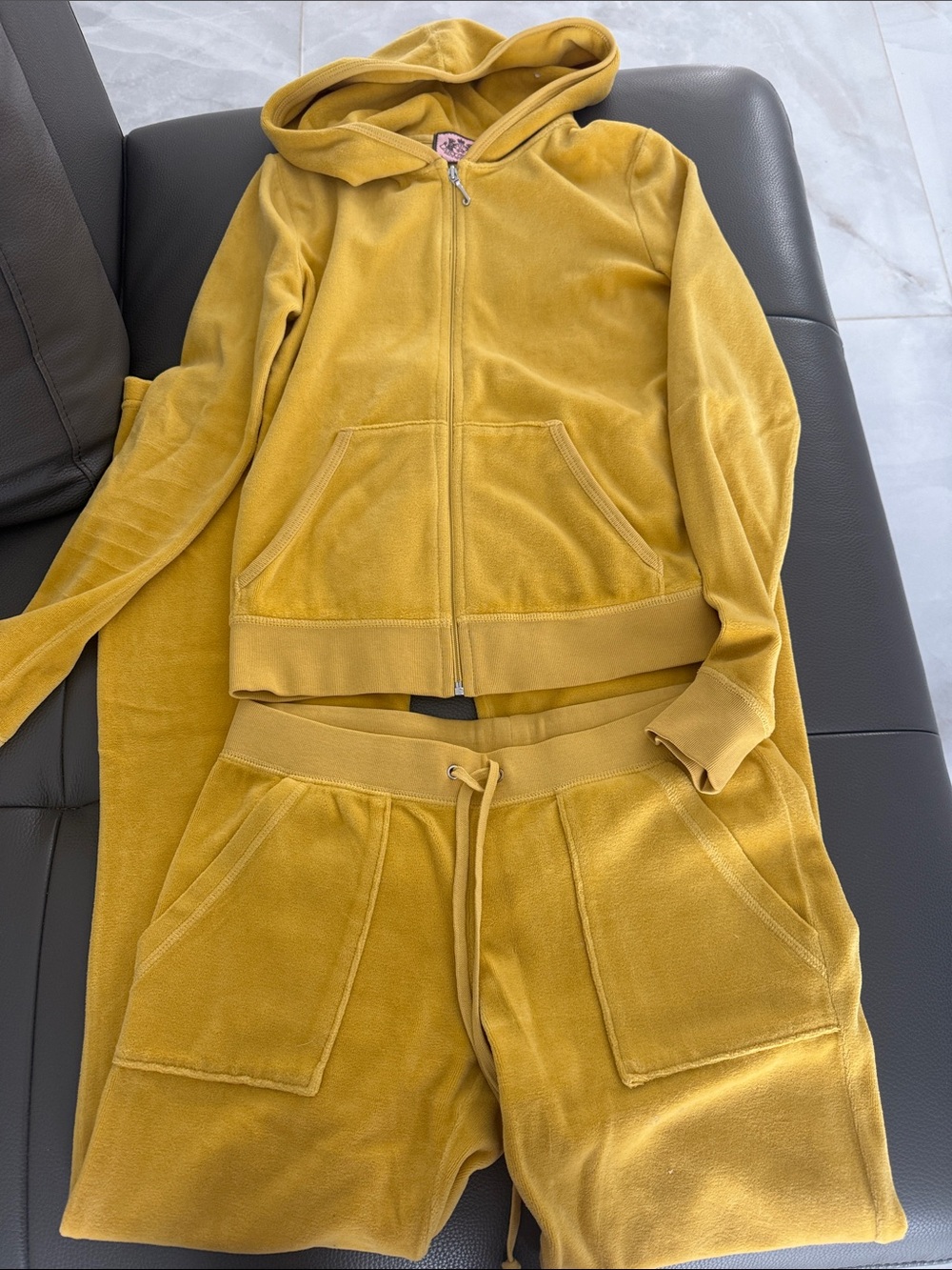 Juicy Couture Mustard Yellow Velour Hooded Zip Jacket & Shorts Set